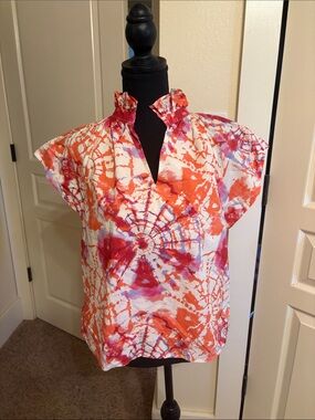 Tie-Dye Ruffled Collar Short Sleeve Blouse in Orange & Pink